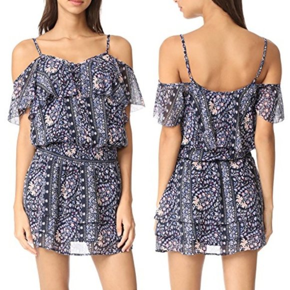 PAIGE 100% Silk Olympia Dark Ink Blue/Bouquet Tiered Ruffle Mini Dress M $298 - Picture 2 of 16